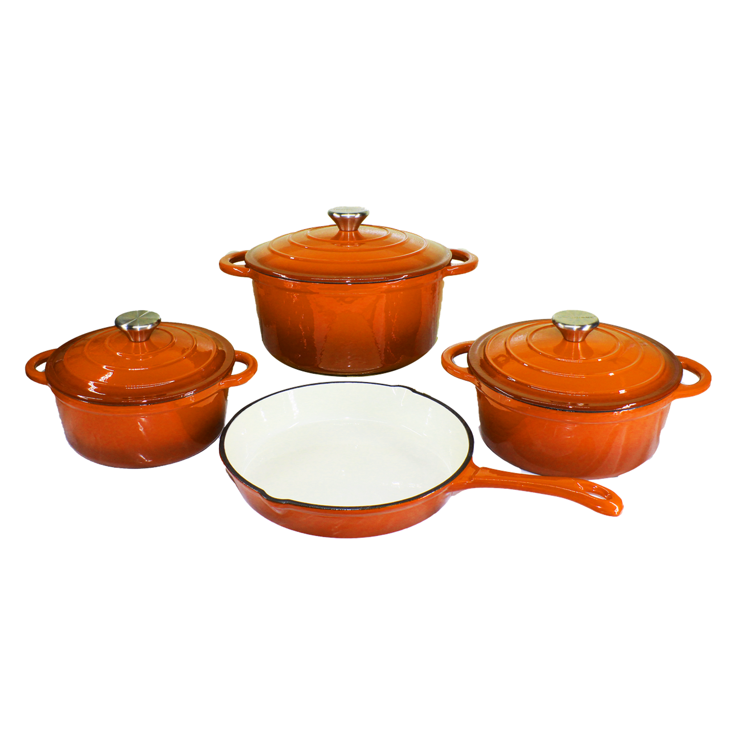 7 PCE CAST IRON POTSET ORANGE 1 7 PCE CAST IRON POTSET ORANGE